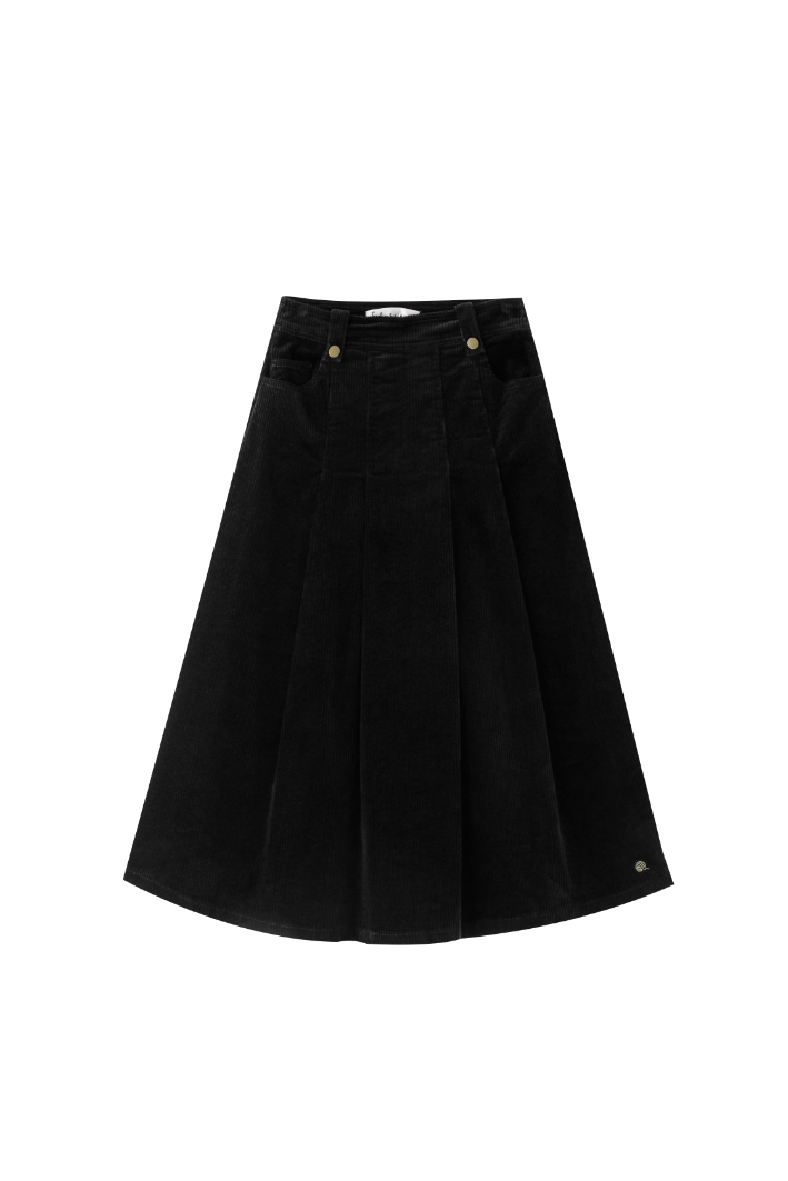 FRONT PLEATED CORDUROY SKIRT-BLACK