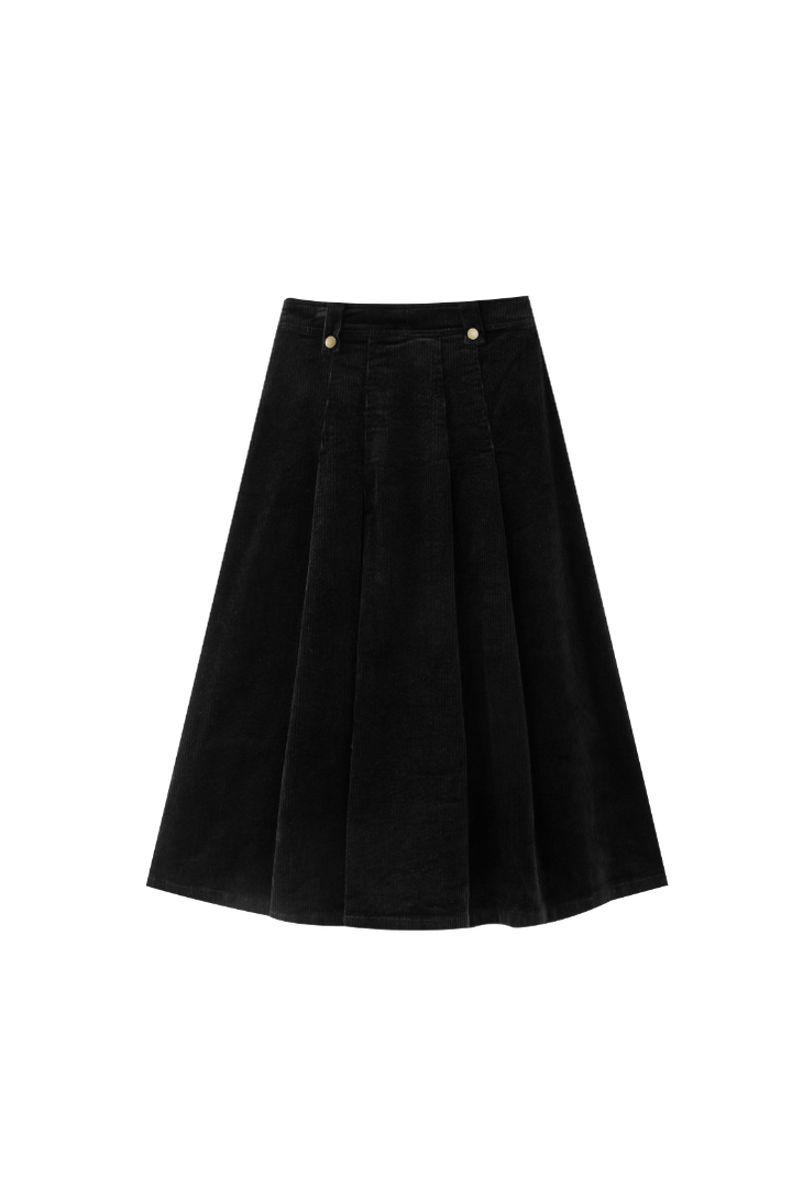 FRONT PLEATED CORDUROY SKIRT-BLACK