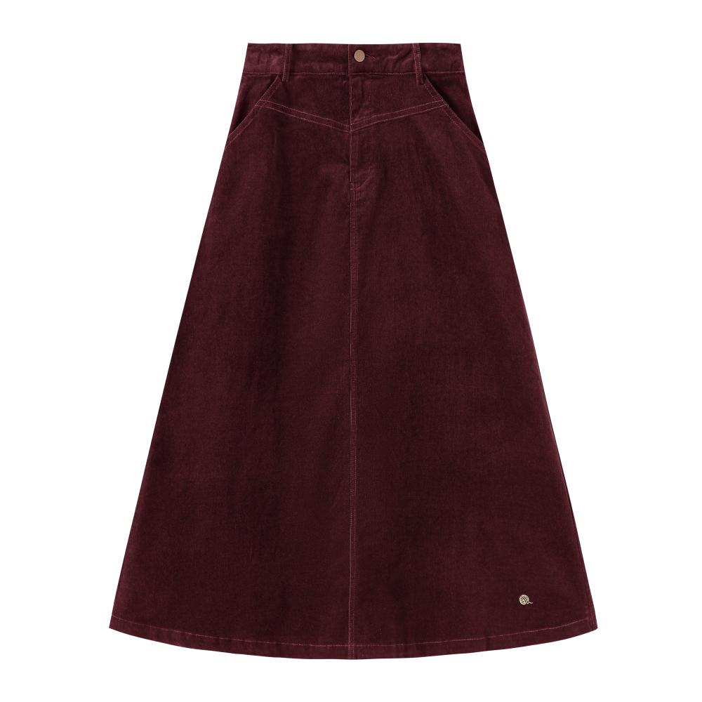 INTARSIA-CODUROY MIDI SKIRT-BURGUNDY