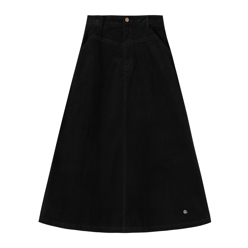 INTARSIA-CORDUROY SKIRT WITH BUTTON-BLACK