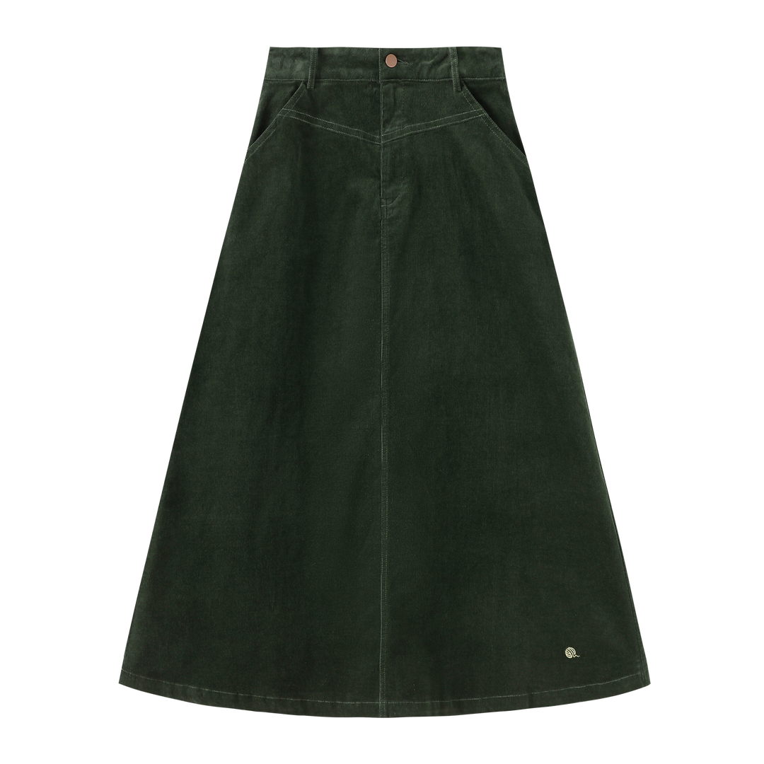 INTARSIA-CODUROY MIDI SKIRT-GREEN