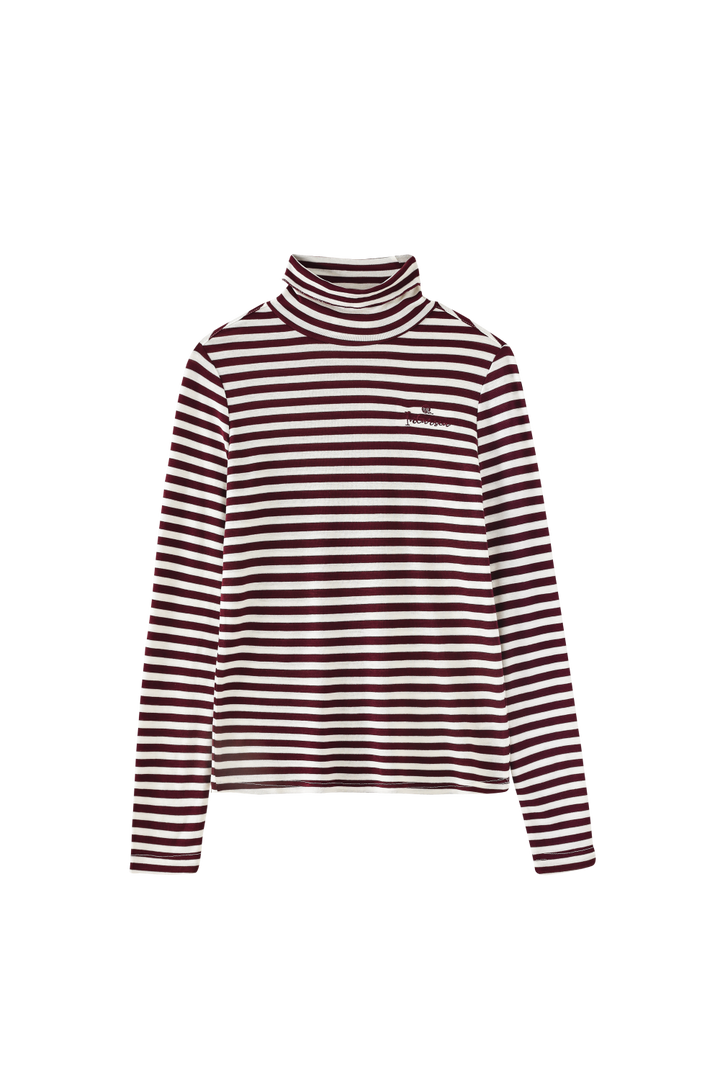 INTARSIA-STRIPED TURTLENECK WITH EMBROIDERY-BURGUNDY