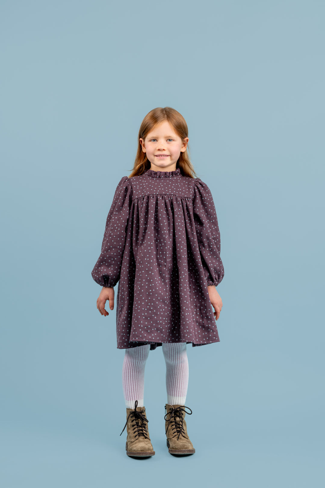 Clover Corduroy Dress With Ruffled Stand-up Collar - Aubergine