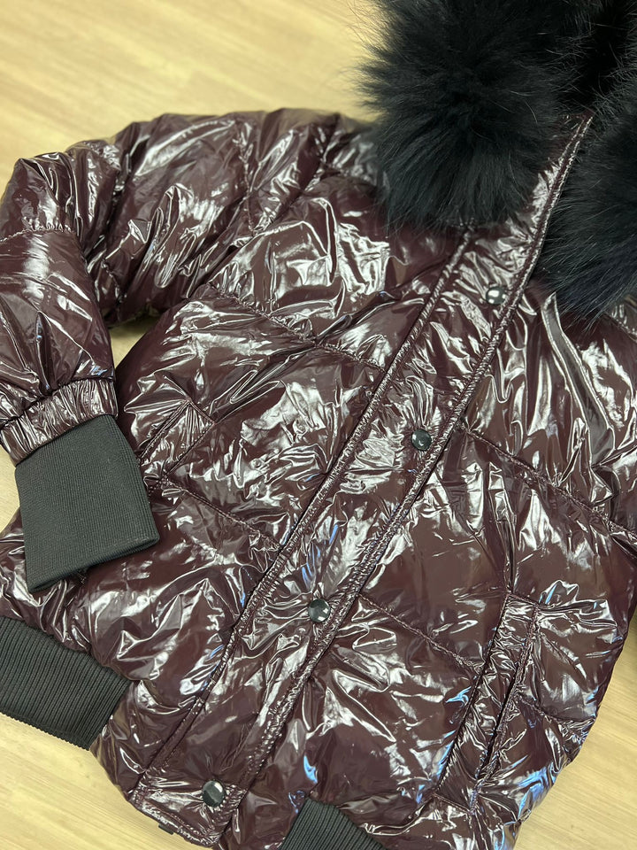 GIRLS BOMBER-BSHINY BURGUNDY-Black Fur