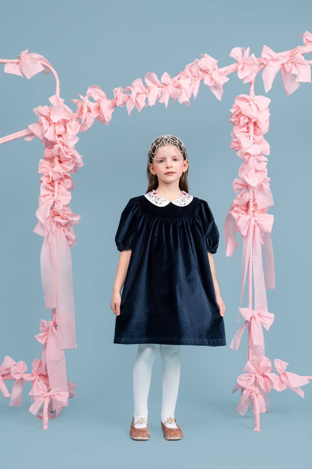 Haven Velvet Dress With Embroidered Peter Pan Collar - Dark Blue