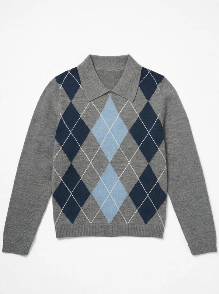 262-000-330 MERINO KNITTED ARGYLE PULL OVER W. COLLAR - GREY MELANGE COMB
