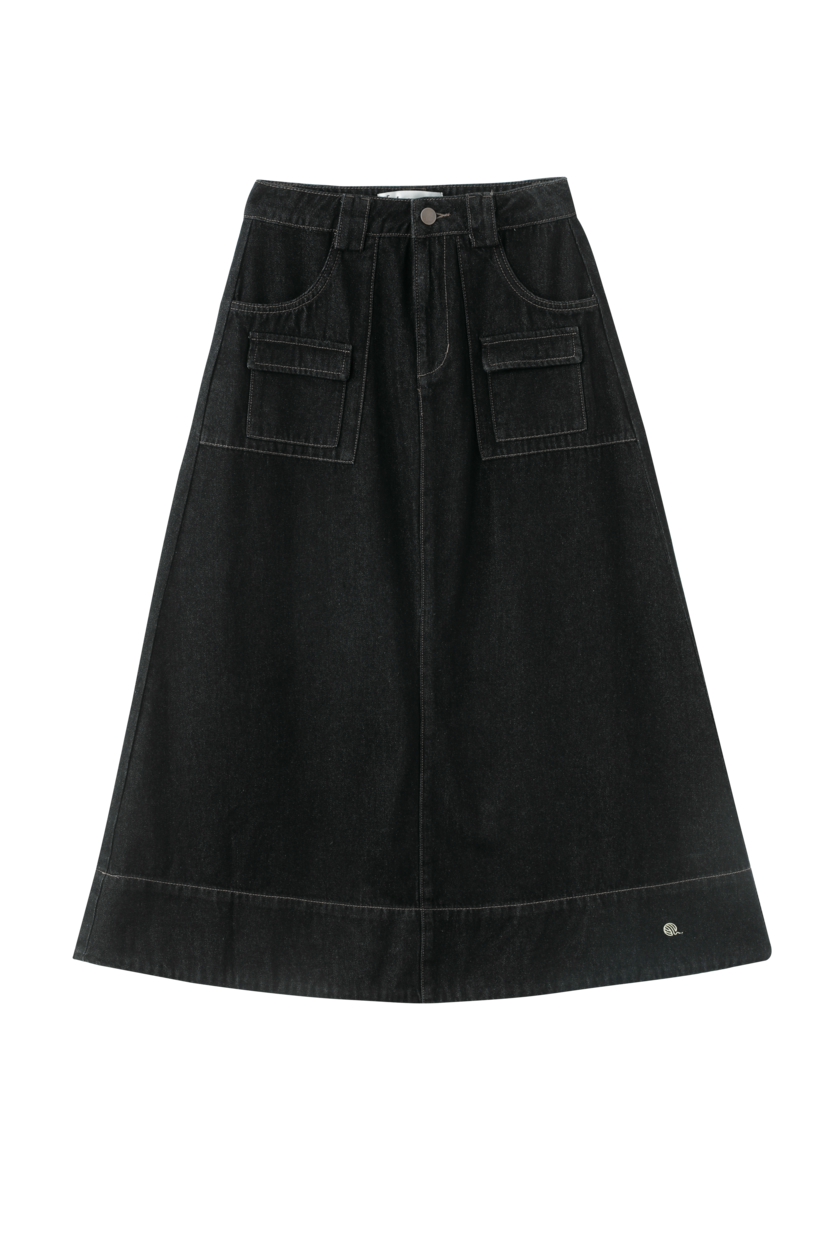 MIDI SKIRT WITH POCKETS-BLACK DENIM INTARSIA