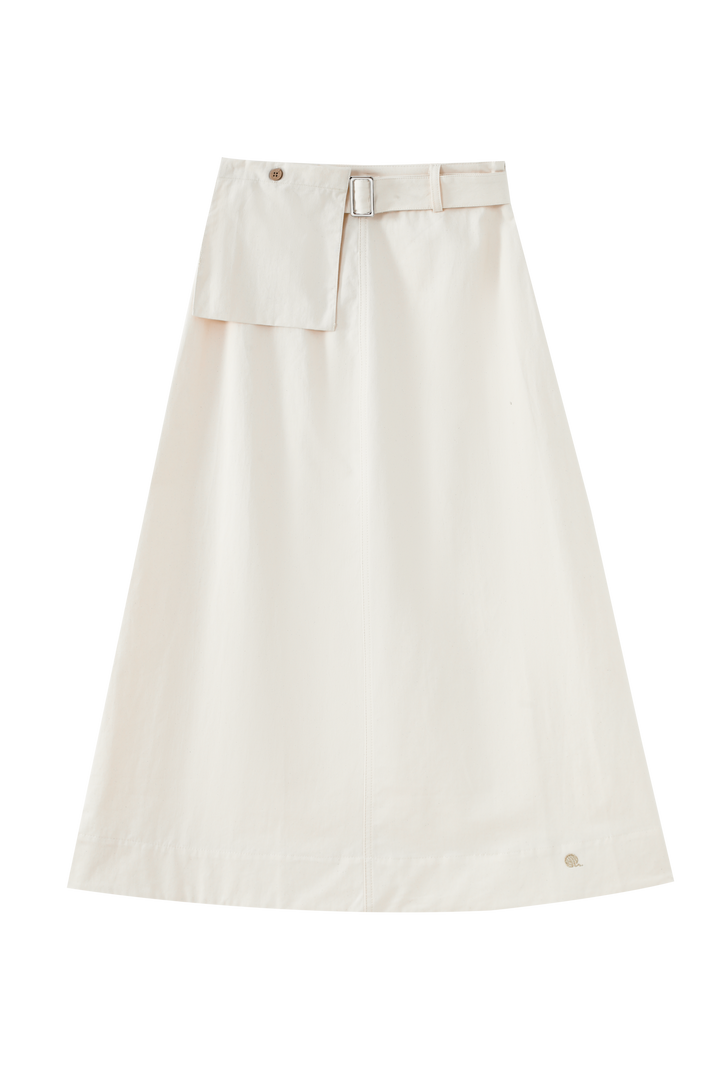 MIDI SKIRT WITH BUCKLE BELT-BEIGE