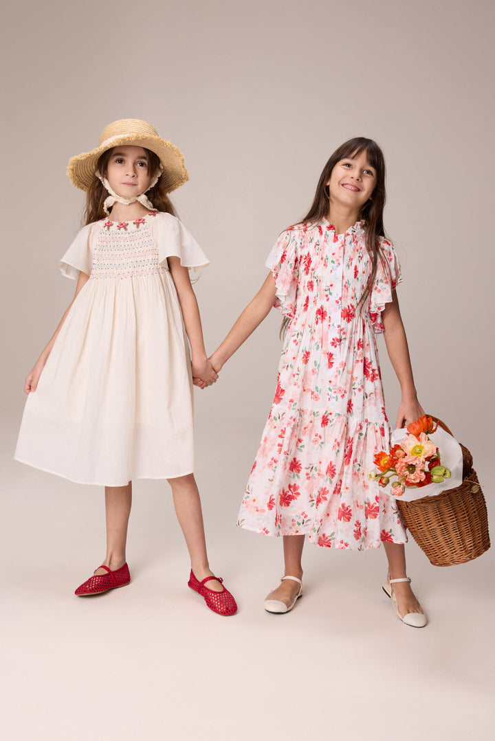 IRIS DRESS-IVORY WITH RED FLOWER PRINT