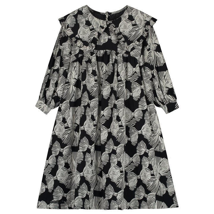 70's Collar Bow Dress-Black/White