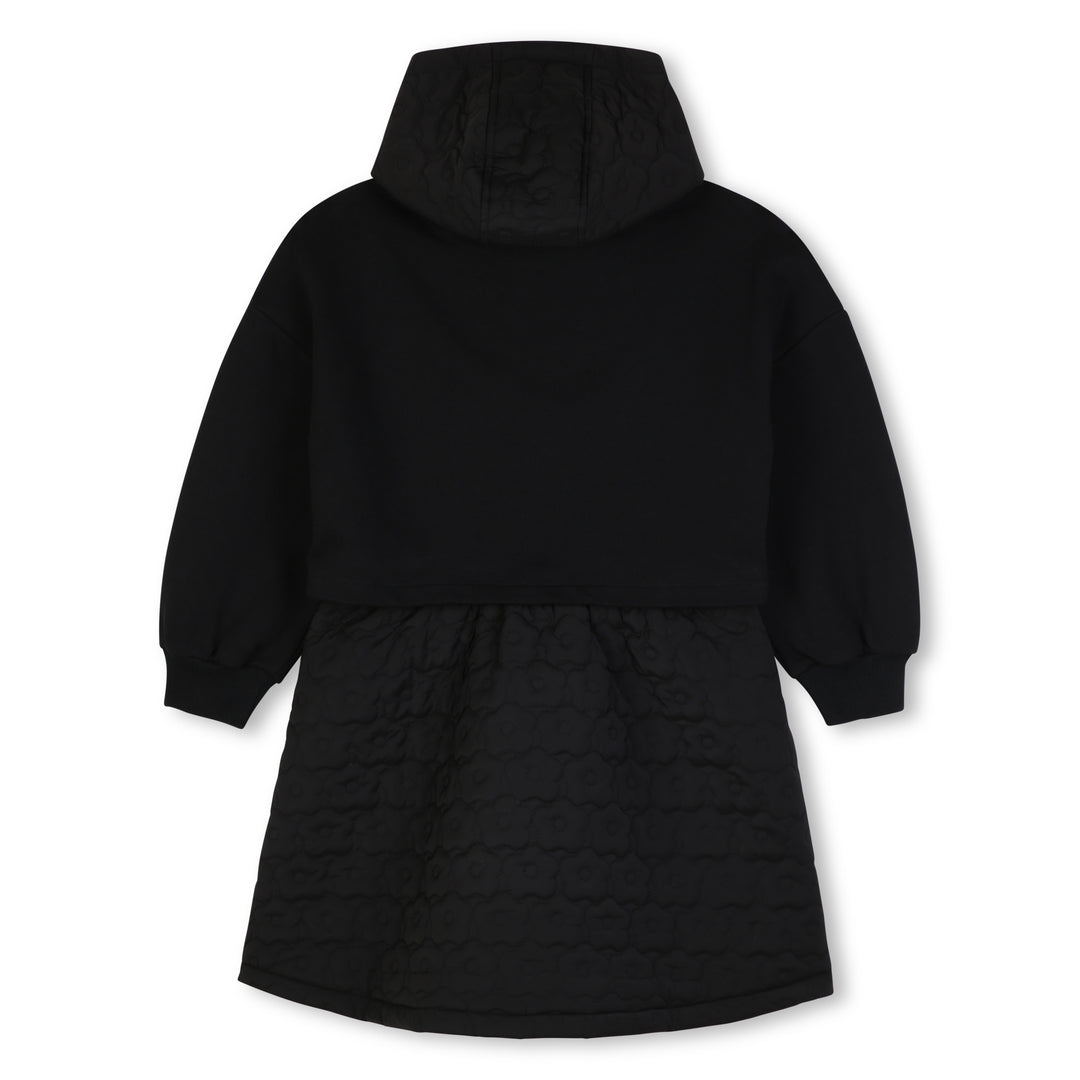 K62011 BLACK HOODED DRESS IN UNBRUSHED FLEECE, 2 IN 1 EFFECT