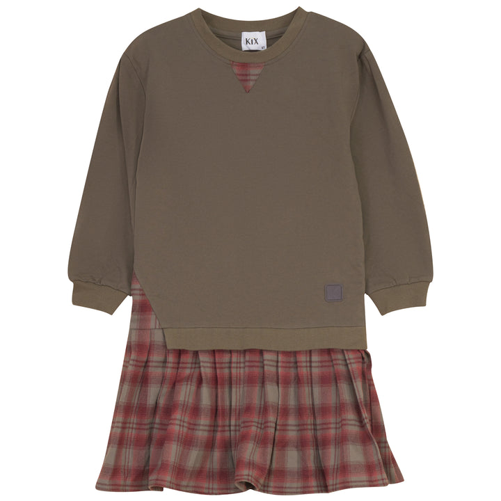 K8200 PLAID SKIRT SWEAT DRESS-OLIVE