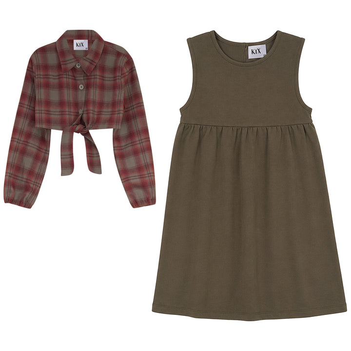 K8208 DRESS WITH ATTACHED PLAID SHIRT-OLIVE