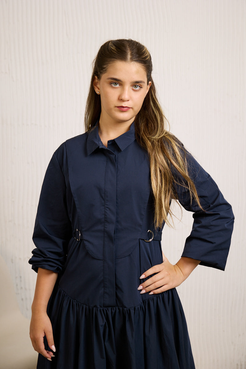 HDR068 SHIRT DRESS WITH BUBBLE HEM - NAVY