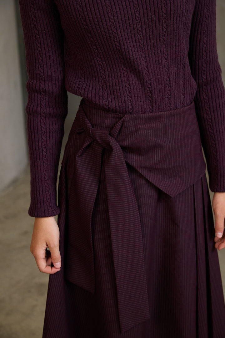 HSK016 PINSTRIPE SKIRT WITH OVERSIZED BOW BELT - PLUM