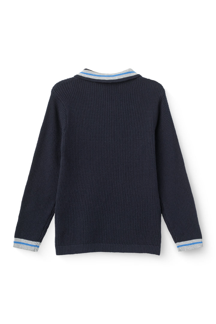 261-000-319-2 LONG-SLEEVED KNITTED WAFFLE POLO - NAVY COMB