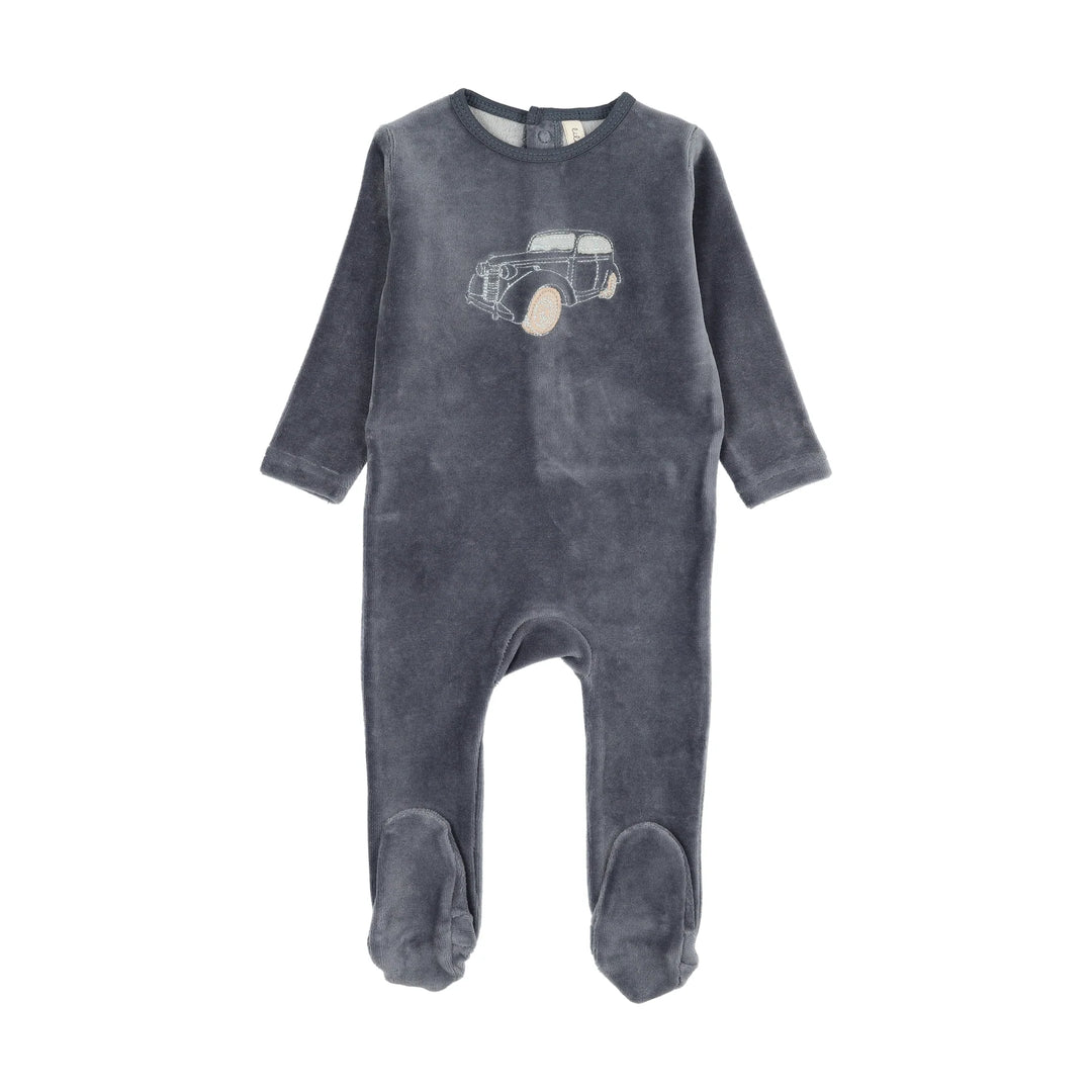 STITCHED GRAPHIC VELOUR FOOTIE - OFF NAVY