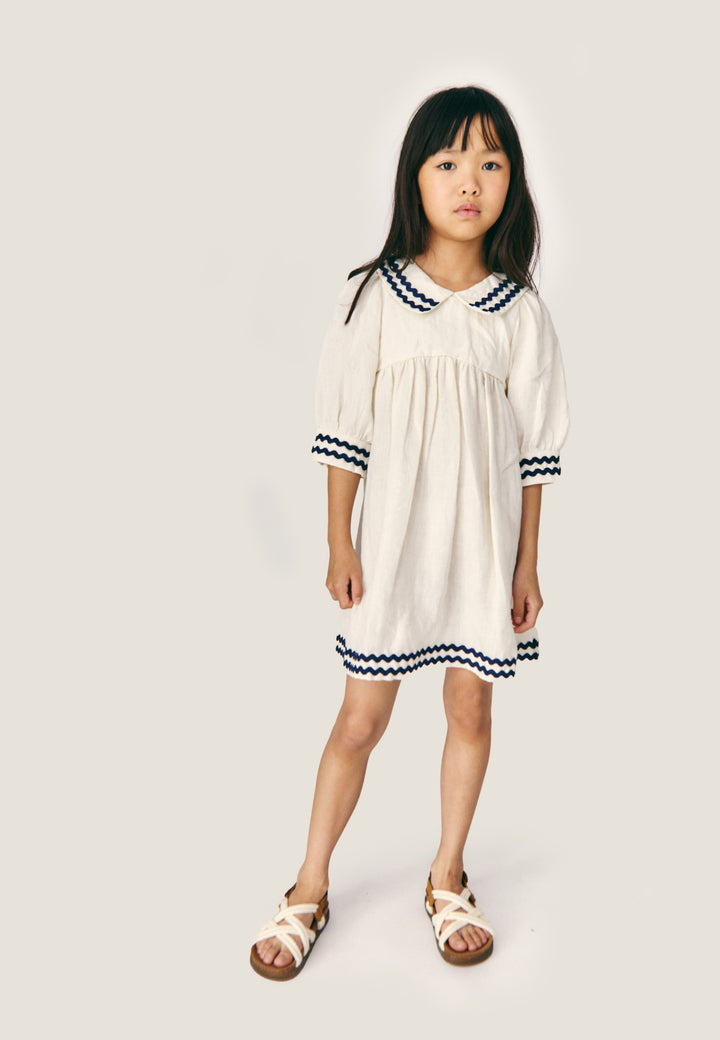 ISALINE LINEN COLLARED DRESS - LINEN (ECRU/BLUE)
