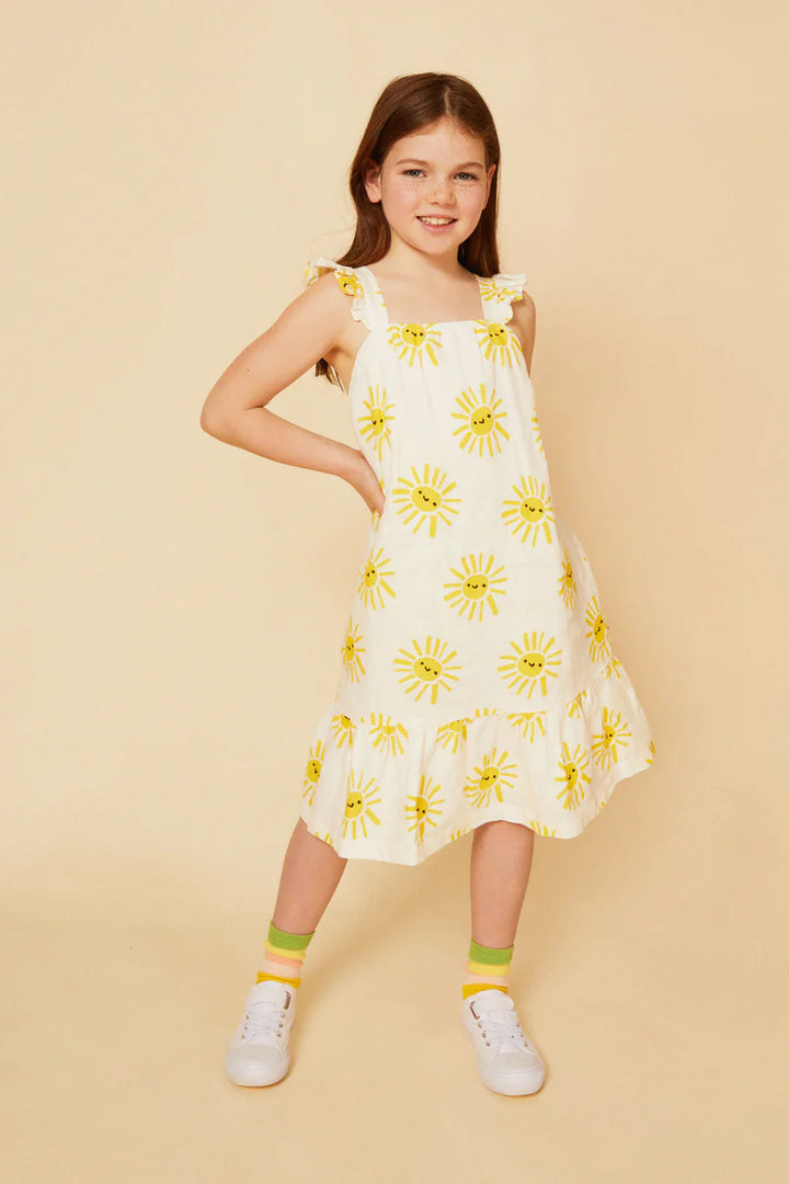 LINEN SUN PRINT RUFFLE DRESS-Natural/Yellow-Natural/Yellow