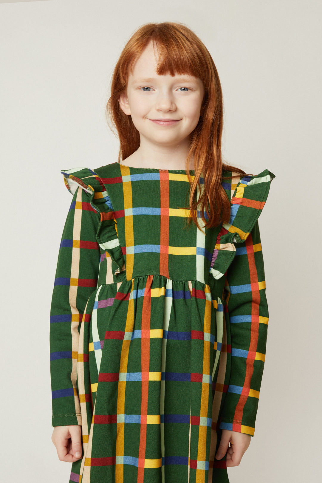 F26-K5111 FALL GRID RUFFLE DRESS - GREEN PASTURES / FALL GRID