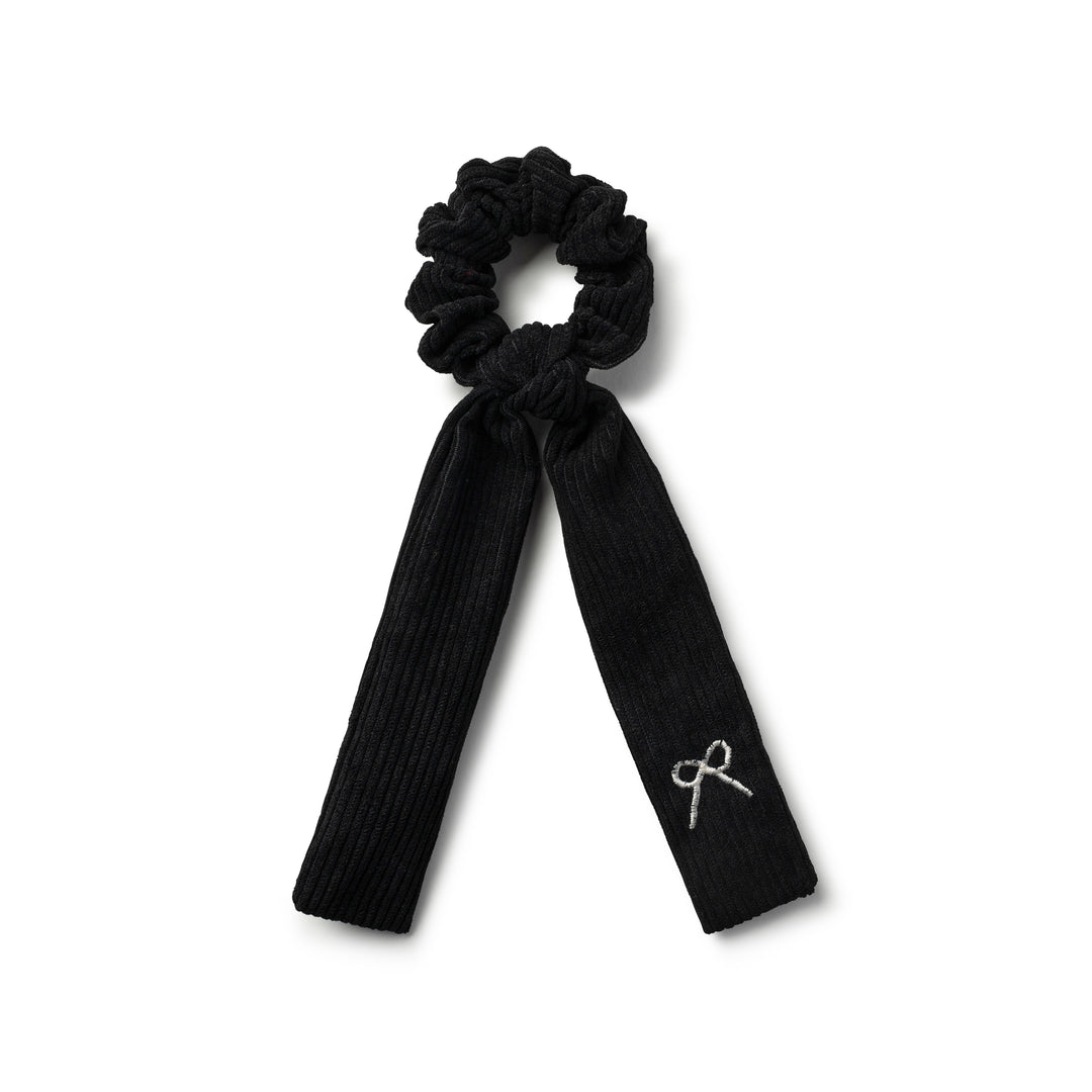 Mia Corduroy Signature Logo Bow Long Tail Scrunchie Black