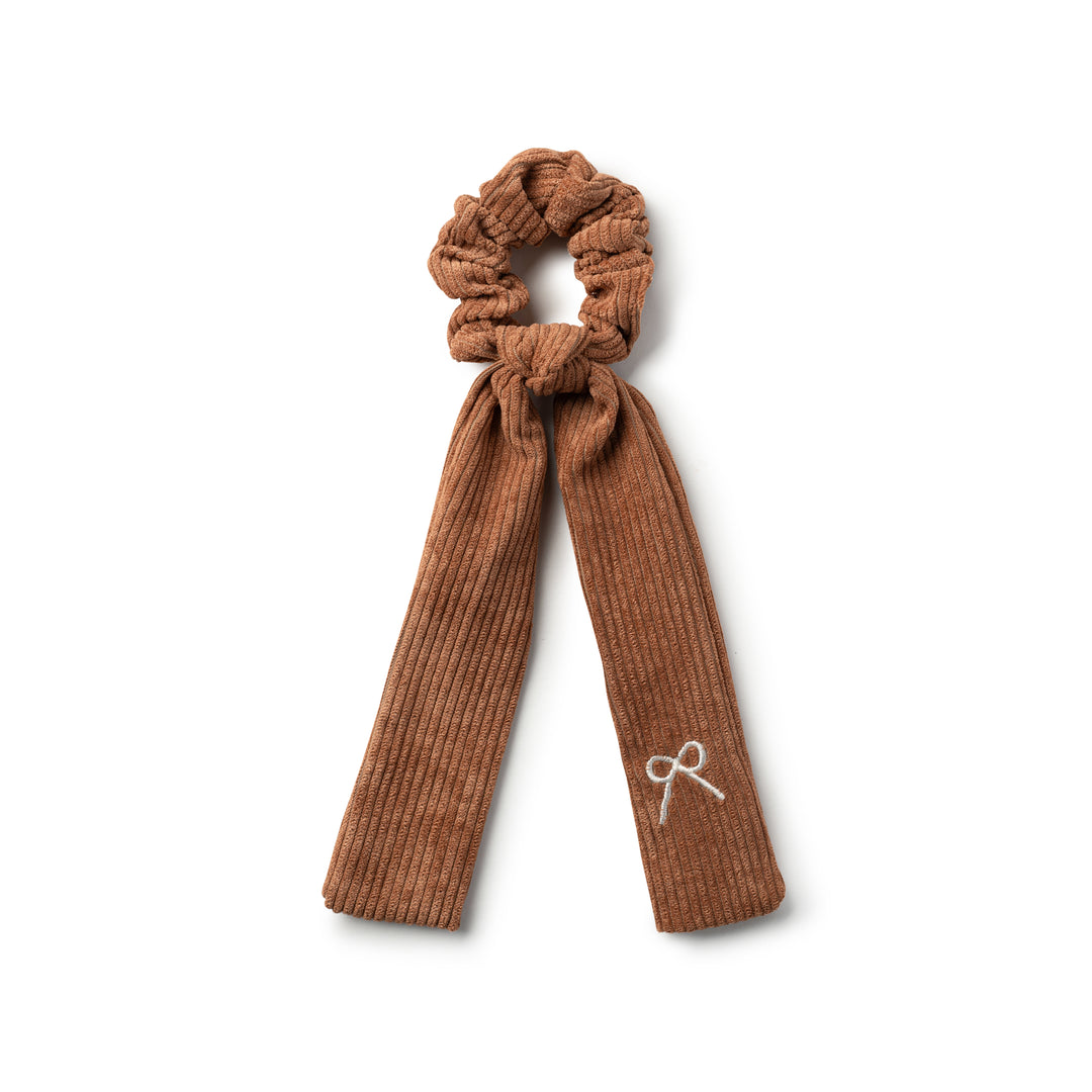 Mia Corduroy Signature Logo Bow Long Tail Scrunchie Caramel