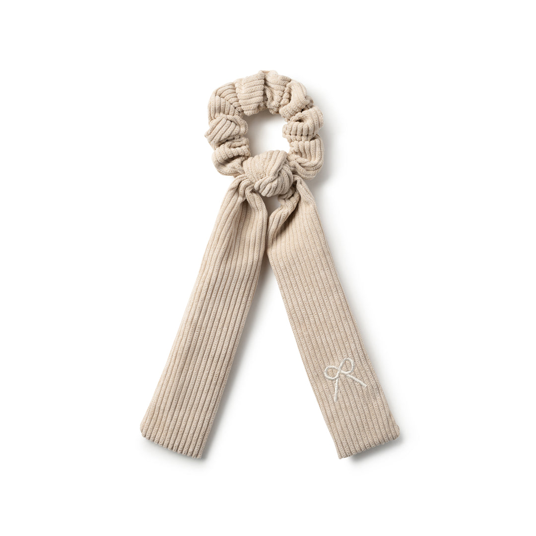 Mia Corduroy Signature Logo Bow Long Tail Scrunchie Ecru