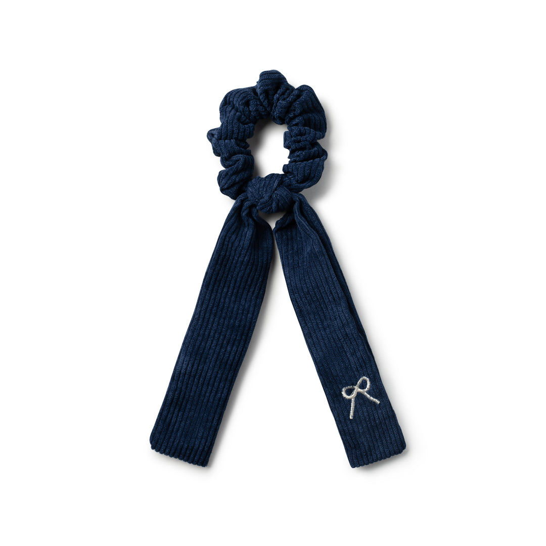 Mia Corduroy Signature Logo Bow Long Tail Scrunchie Navy