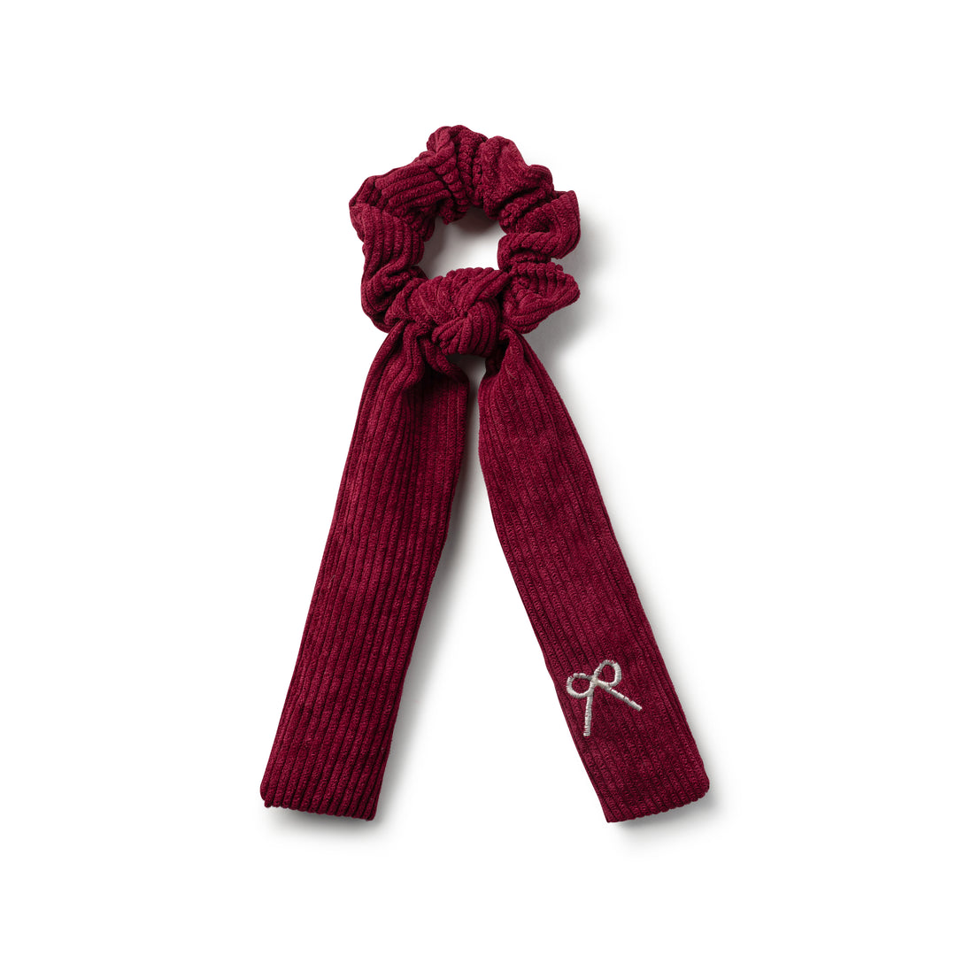 Mia Corduroy Signature Logo Bow Long Tail Scrunchie Ruby