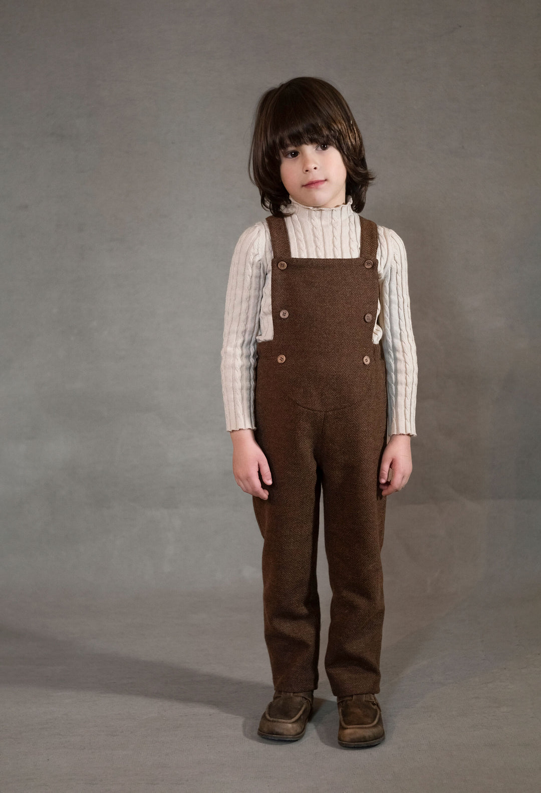 MOD.10.1 BROWN WOOLLEN FULL LENGTH DUNGAREES WITH ROUNDED YOKE WITH PLAID BOTTOM