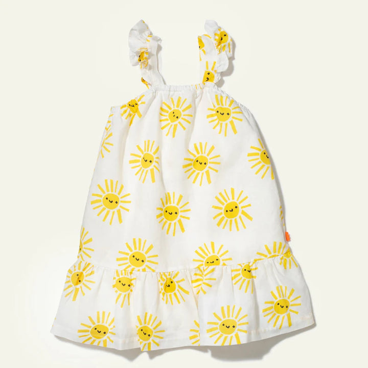 LINEN SUN PRINT RUFFLE DRESS-Natural/Yellow-Natural/Yellow