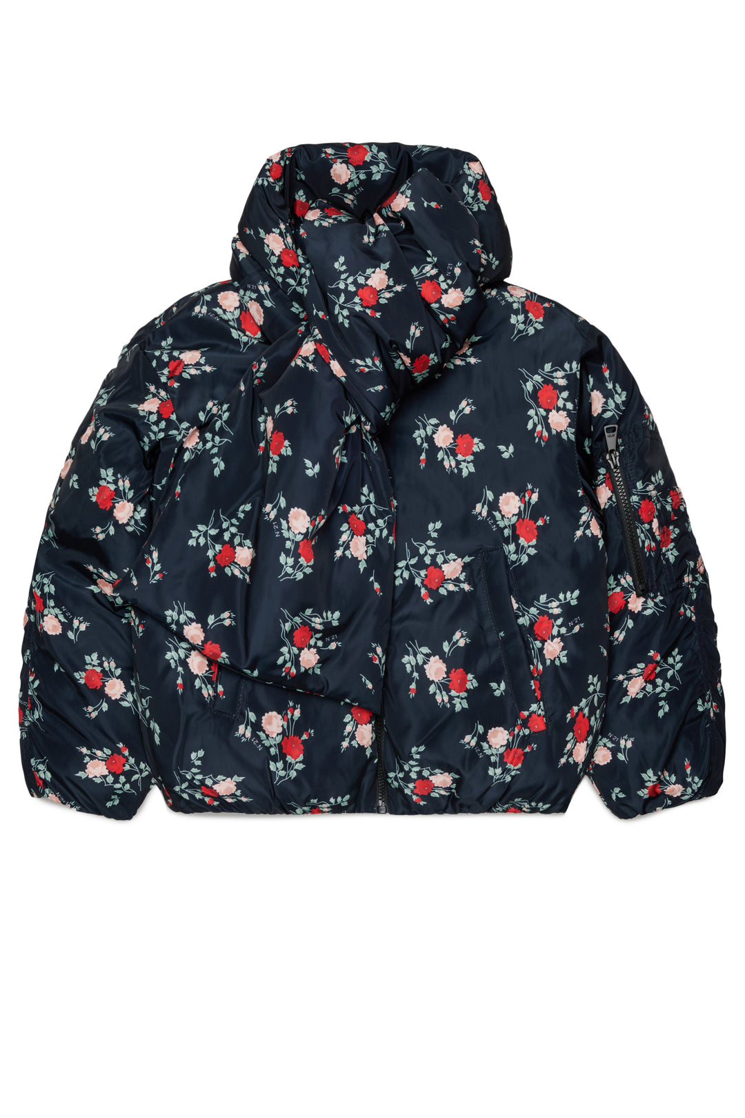 N210D8 N0523 BLACK SHORT FLORAL PUFFER JACKET WITH ATTACHED SCARF