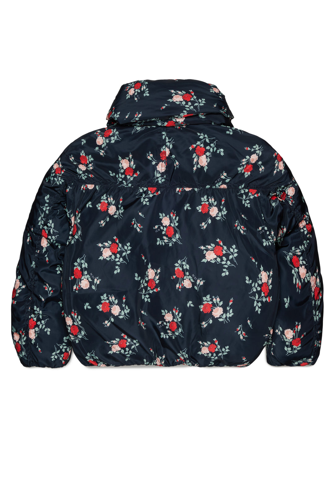N210D8 N0523 BLACK SHORT FLORAL PUFFER JACKET WITH ATTACHED SCARF