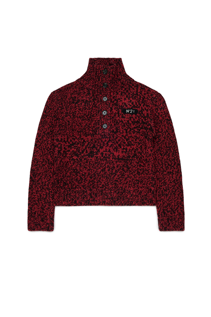 N210DN N0545 RED HALF BUTTONED FUNNEL NECK SPECKLED SWEATER