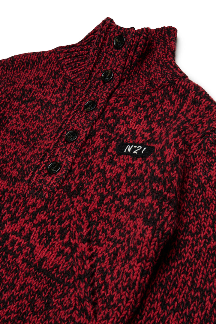 N210DN N0545 RED HALF BUTTONED FUNNEL NECK SPECKLED SWEATER