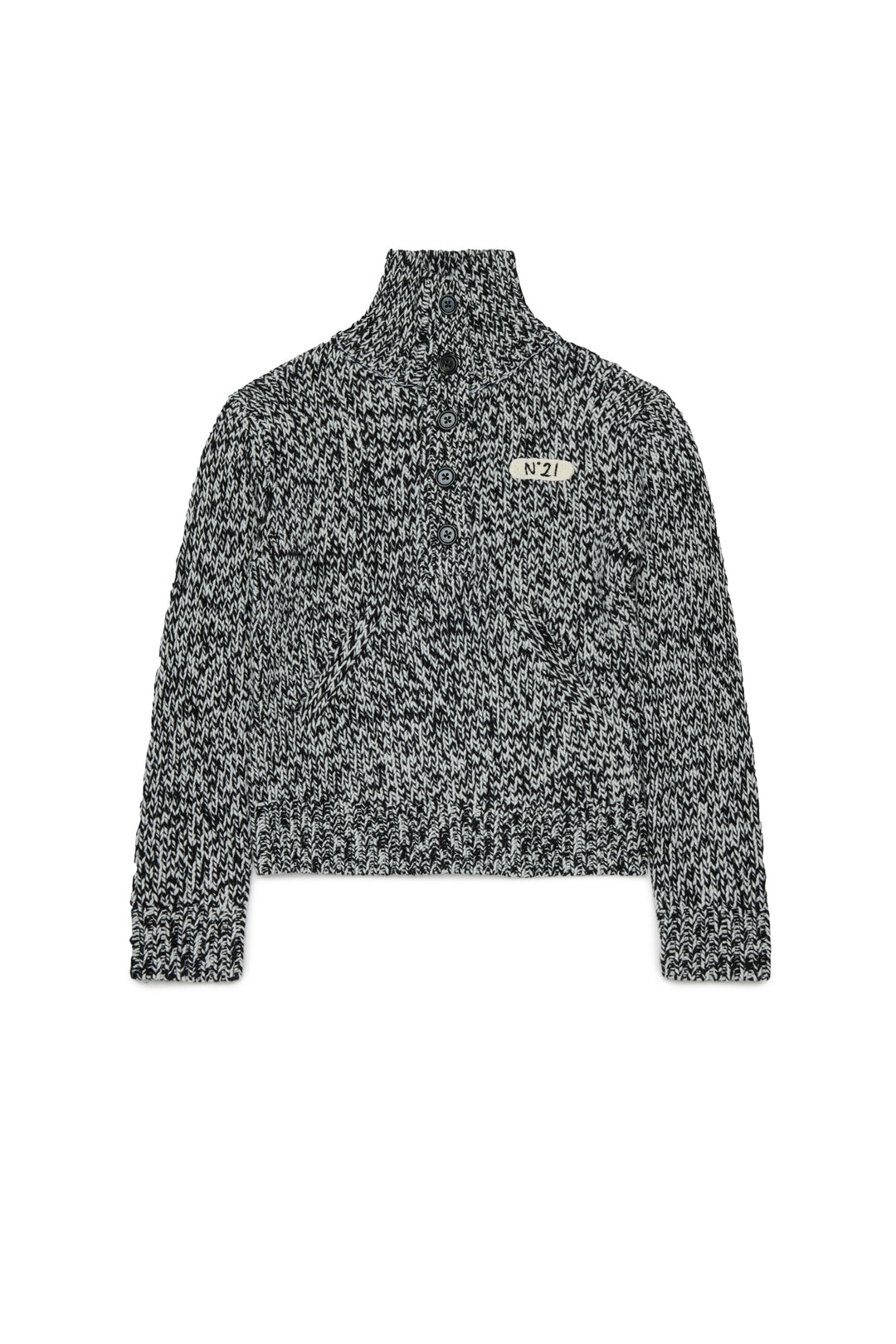 N210DN N0545 BLACK HALF BUTTONED FUNNEL NECK SPECKLED SWEATER