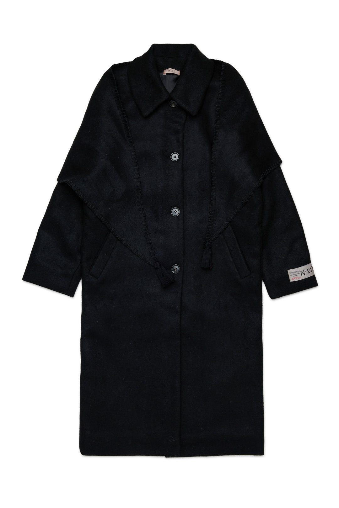 N210FI N0524 BLACK LONG WOOL BLEND COAT WITH ATTACHED MATCHING SHAWL
