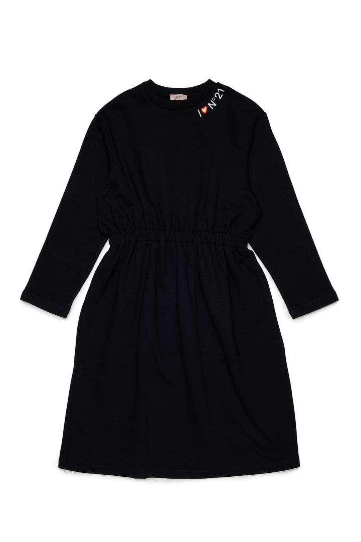 N210FN N0154 BLACK LS MIDI SWEAT DRESS WITH LOGO AROUND NECK