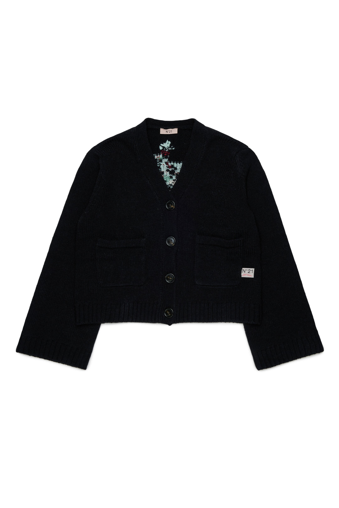 N210GV N0543 BLACK KNIT CARDIGAN WITH JACQUARD FLOWERS ON BACK