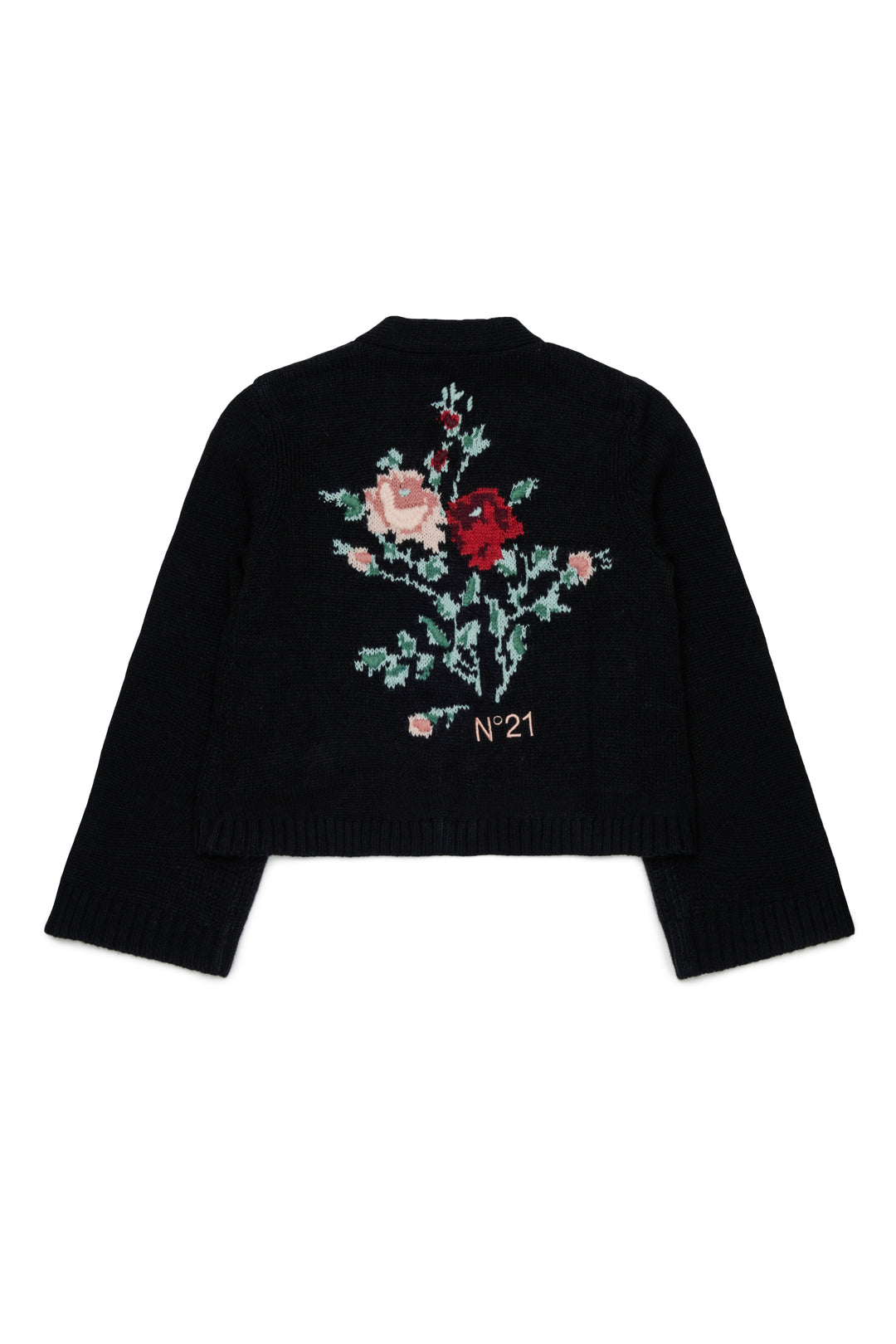 N210GV N0543 BLACK KNIT CARDIGAN WITH JACQUARD FLOWERS ON BACK