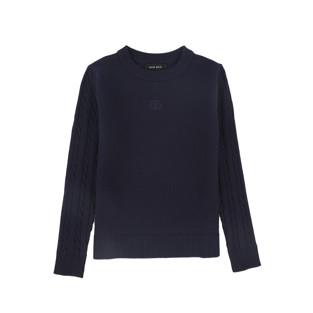C-20685-Cable Knit Sleeve Logo Sweater -Navy