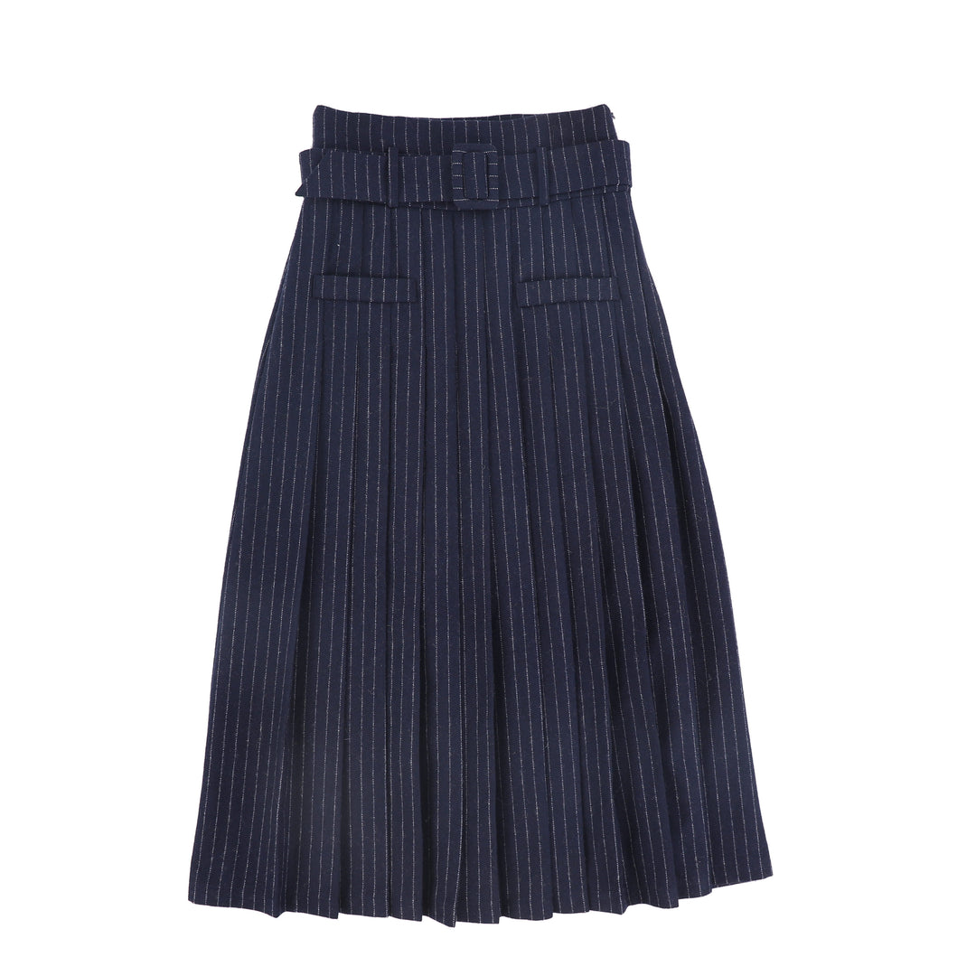 C-22513-Pinstriped Buckle Pleated Midi Skirt -Navy