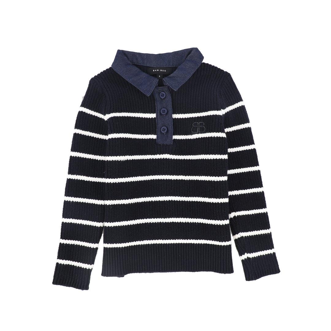 C-23152-Stripe Knit Denim Collar Polo -Navy