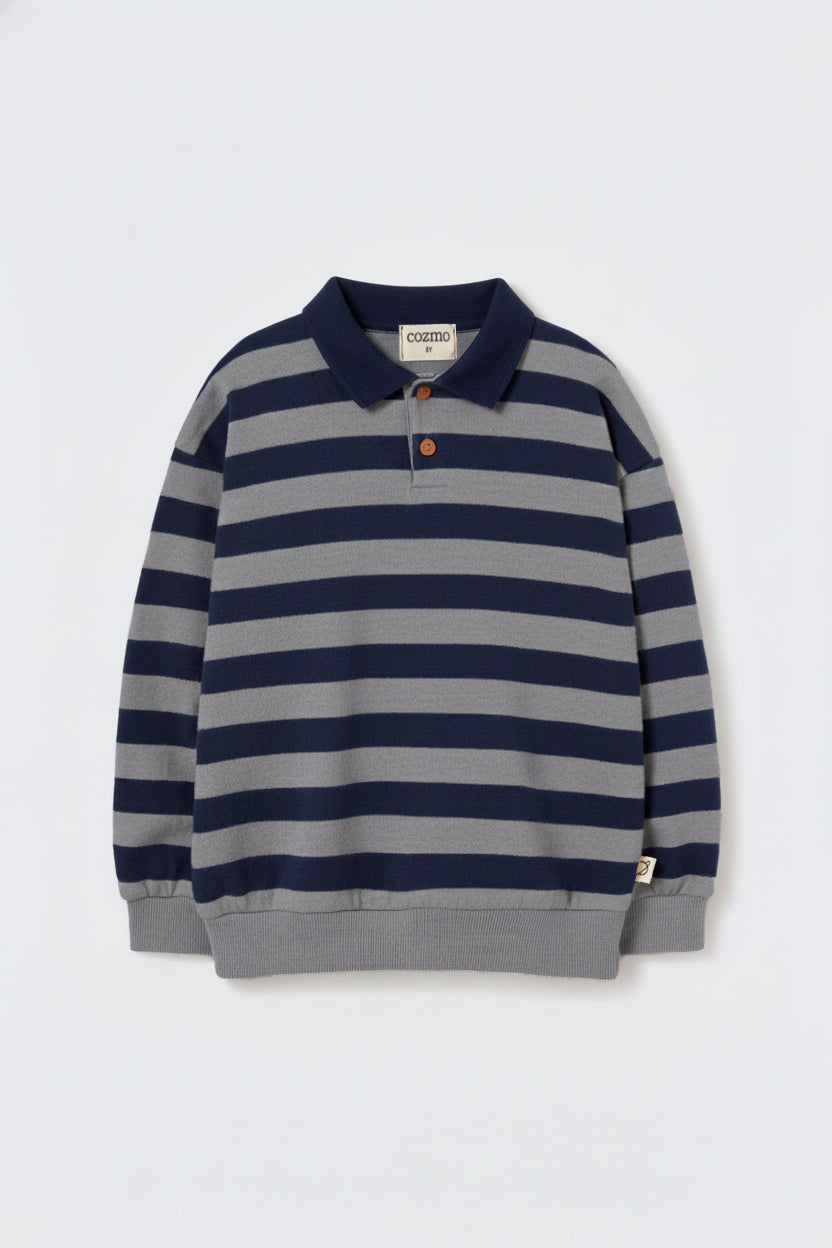 NEPALK238W6 STRIPED BRUSHED SOFT KNIT POLO SWEATER - NAVY GREY