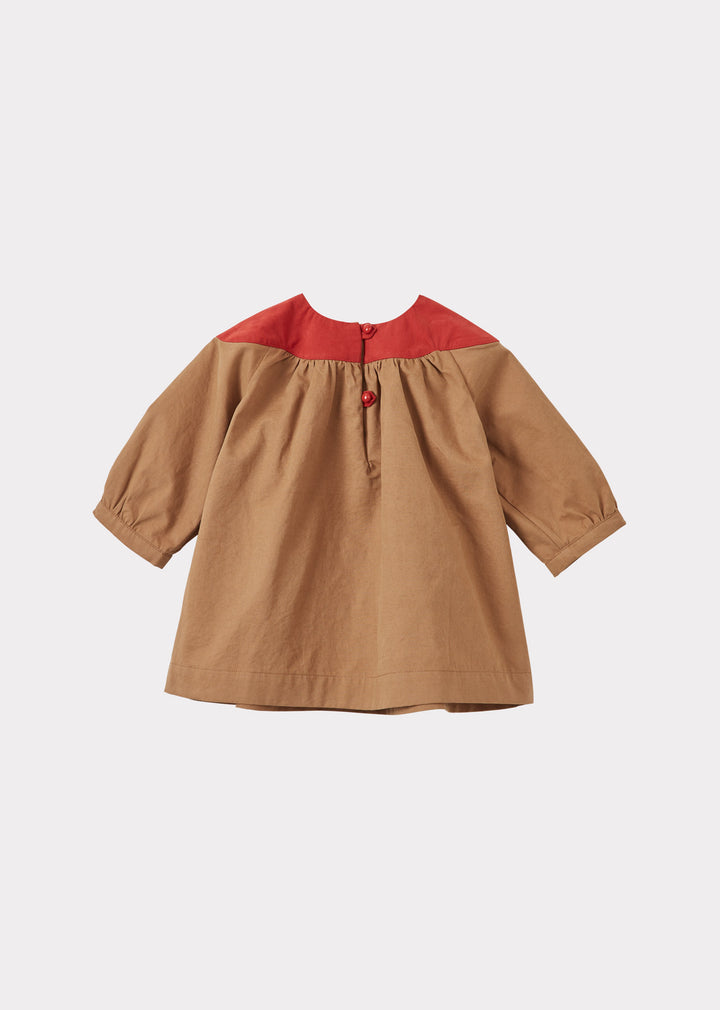 TAYLEN BABY DRESS-COTTON TWILL CAMEL MULTI