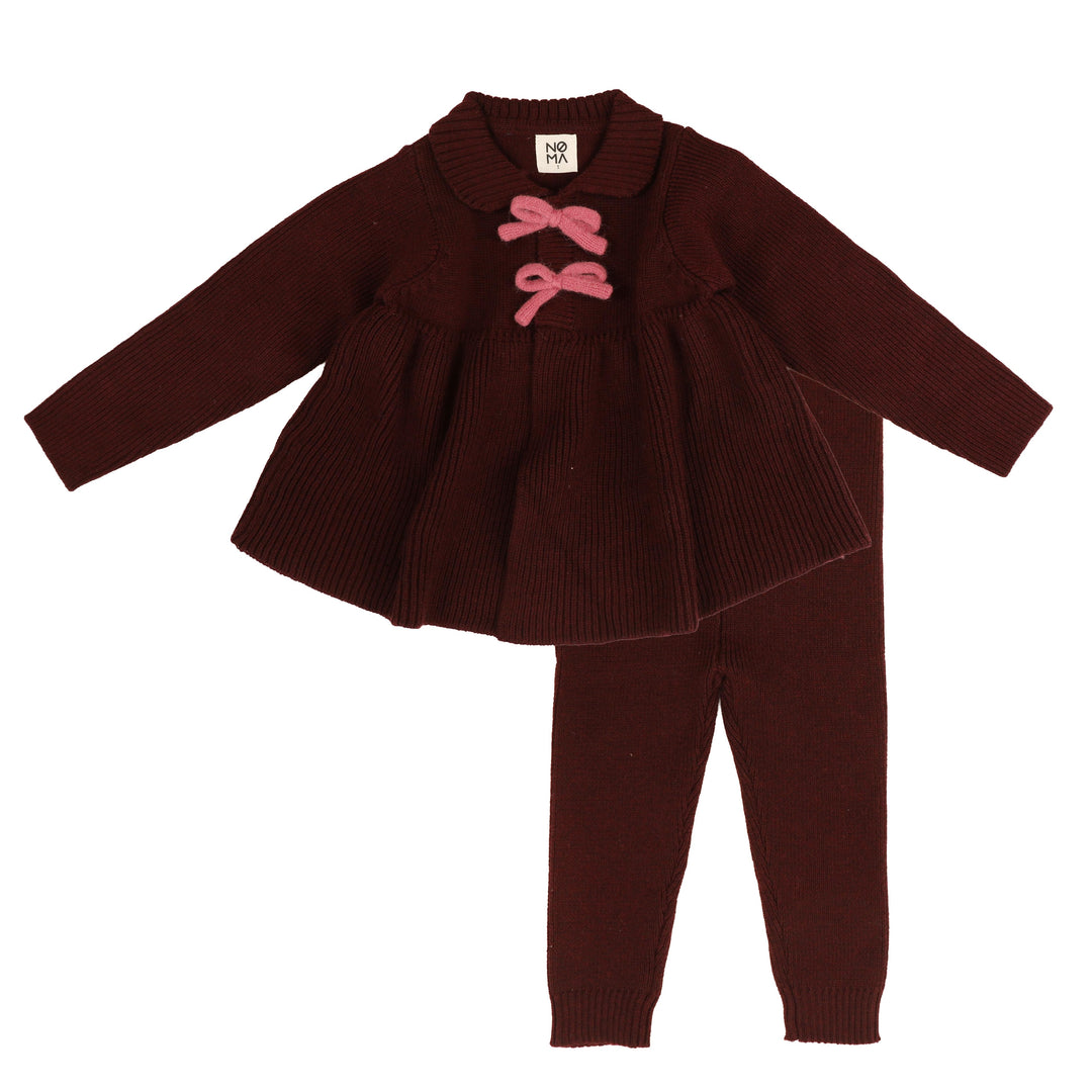 NKN635 KNIT JACKET SET WITH CONTRAST BOWS - WINE