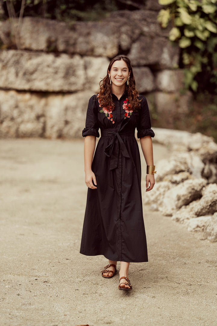 G800 FLORAL EMBROIDERED SHIRT DRESS-BLACK