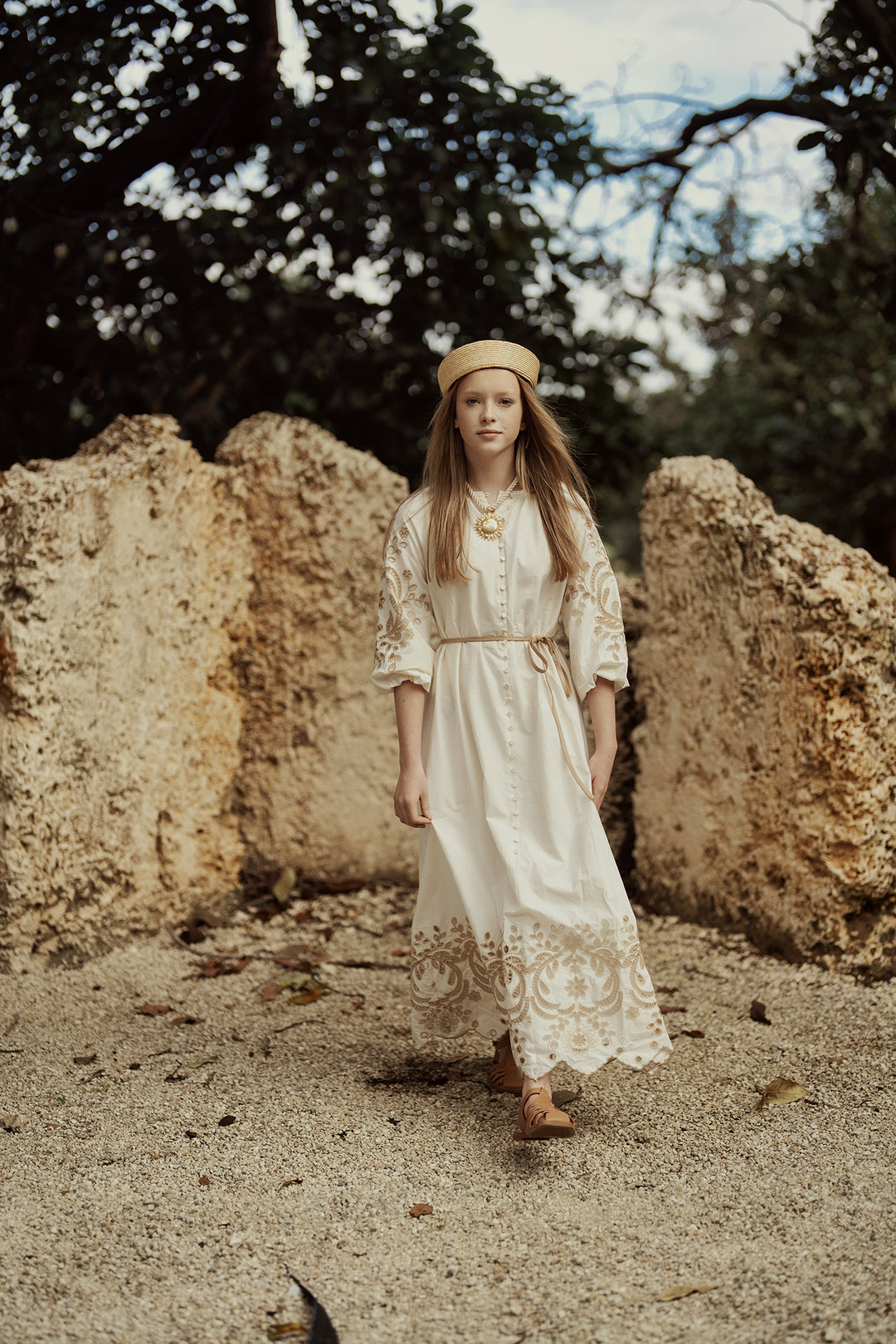 G804 EYELET DETAIL BUTTON DOWN DRESS-CREAM