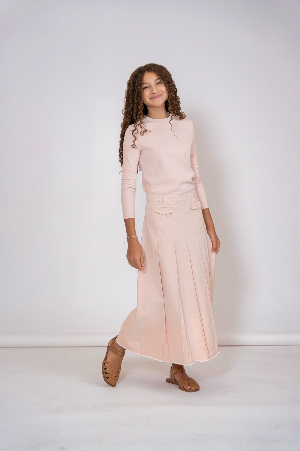 KT712 FRINGED HEM PLEATED SKIRT-PINK