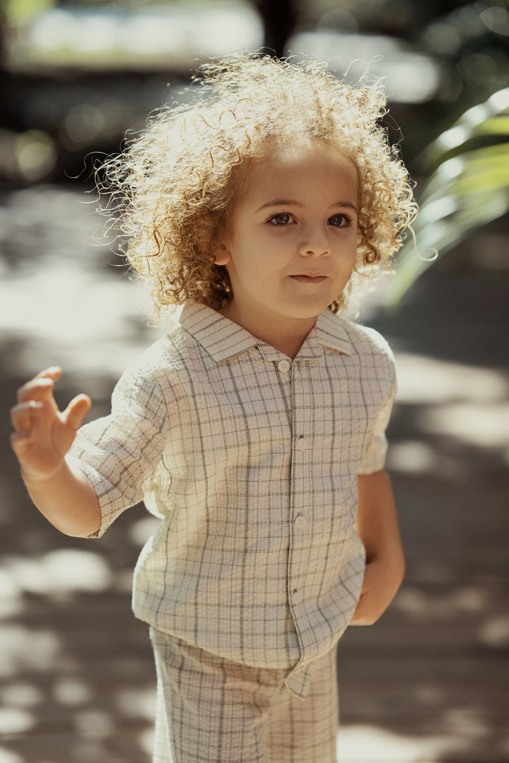 SOVER PLAID SHIRT WITH PULL ON SHORTS-CREAM/GREEN